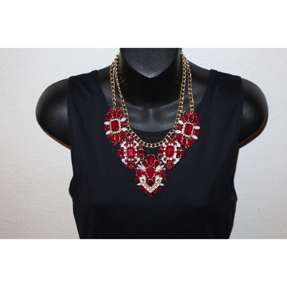 Unbranded Jewelry - Chunky Necklace Gold Toned Chain Red White Stones Rhinestone Statement 18"